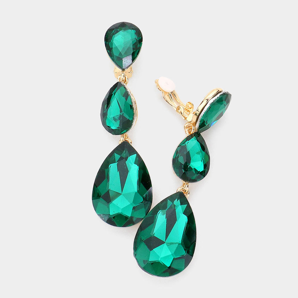 Emerald Crystal Triple Teardrop Clip-on Pageant Earrings