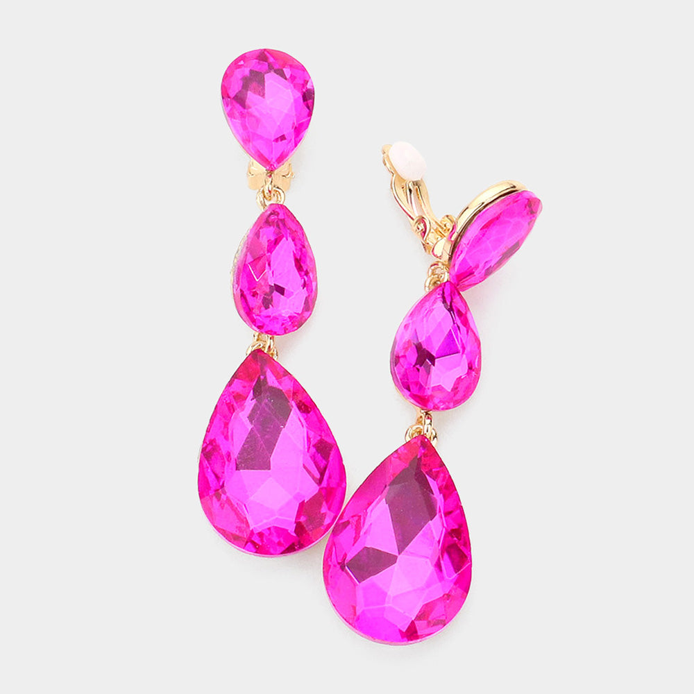 Fuchsia Crystal Triple Teardrop Clip-on Pageant Earrings 