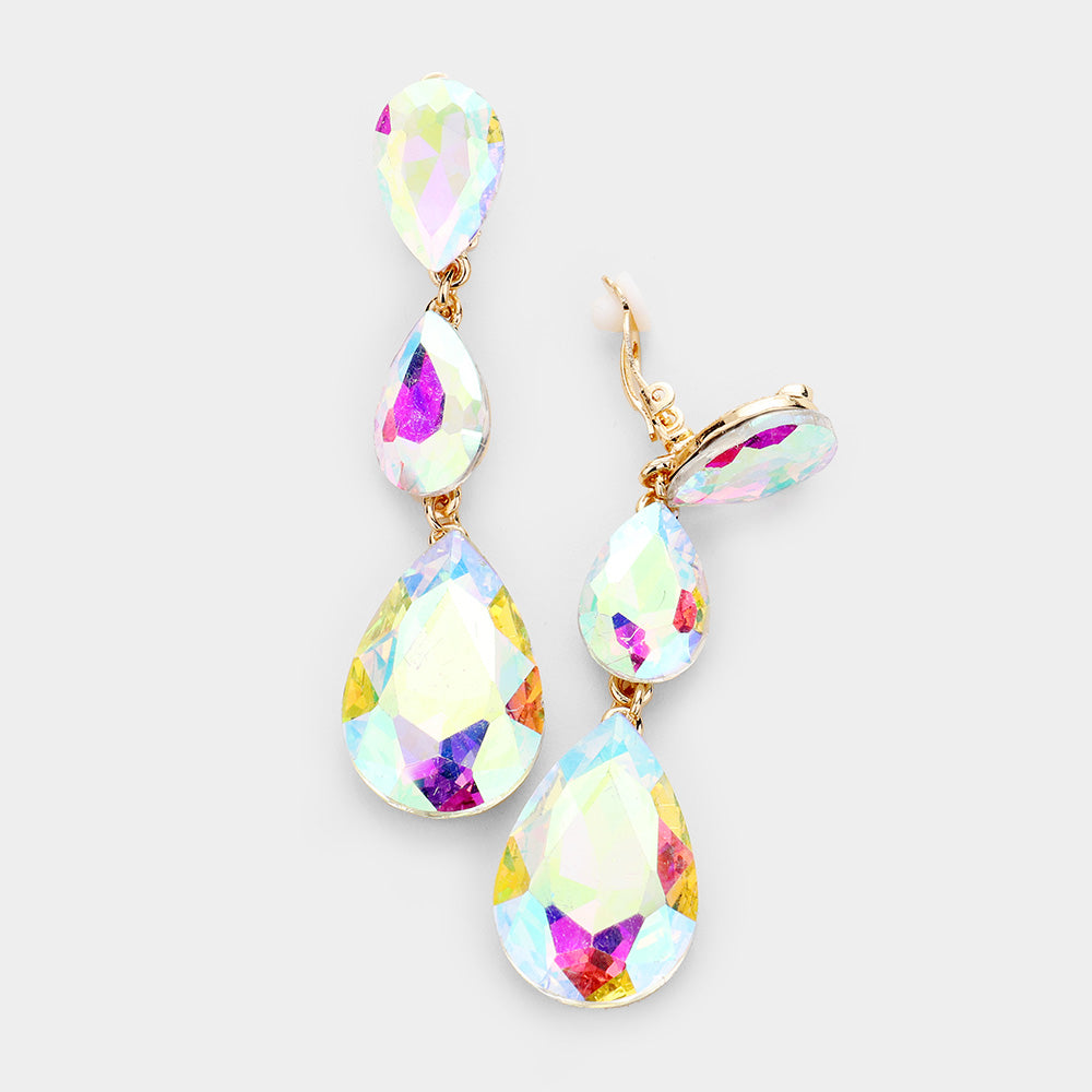 AB Crystal Triple Teardrop Clip-on Pageant Earrings