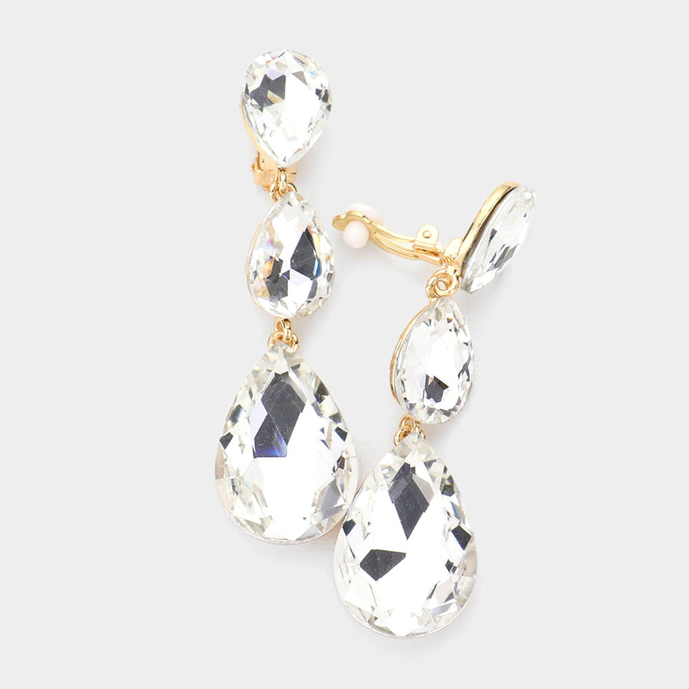 Clear Crystal Triple Teardrop Clip-on Pageant Earrings on Gold