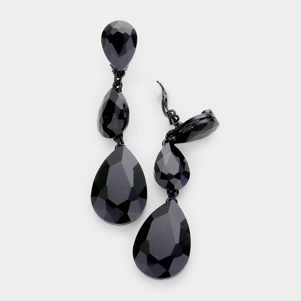 Black Crystal Triple Teardrop Clip-on Pageant Earrings