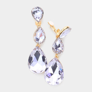 Lavender Crystal Triple Teardrop Clip-on Pageant Earrings on Gold