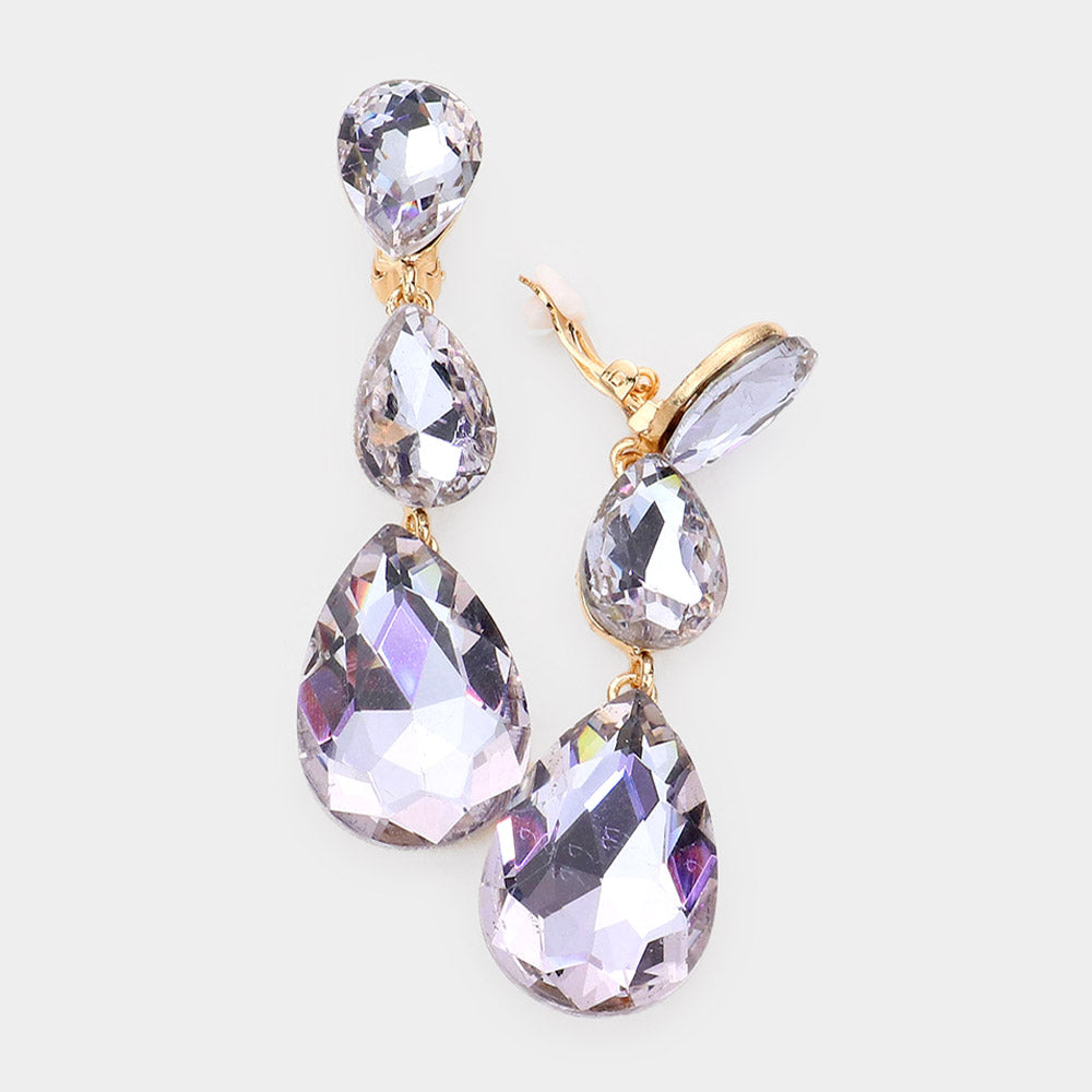 Lavender Crystal Triple Teardrop Clip-on Pageant Earrings 