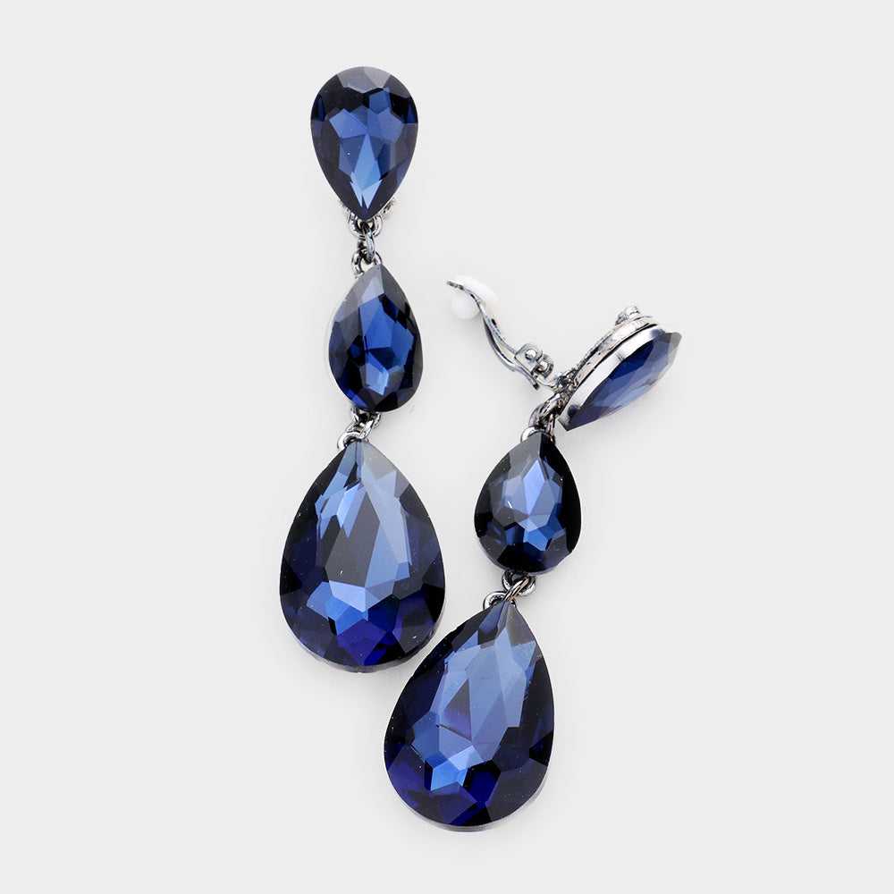 Blue Crystal Triple Teardrop Clip-on Pageant Earrings