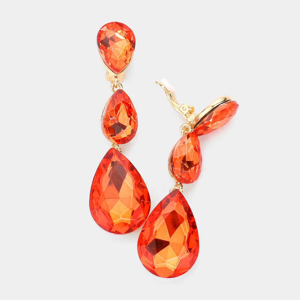 Orange Crystal Triple Teardrop Clip-on Pageant Earrings