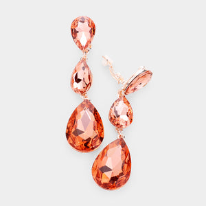 Peach Crystal Triple Teardrop Clip-on Pageant Earrings