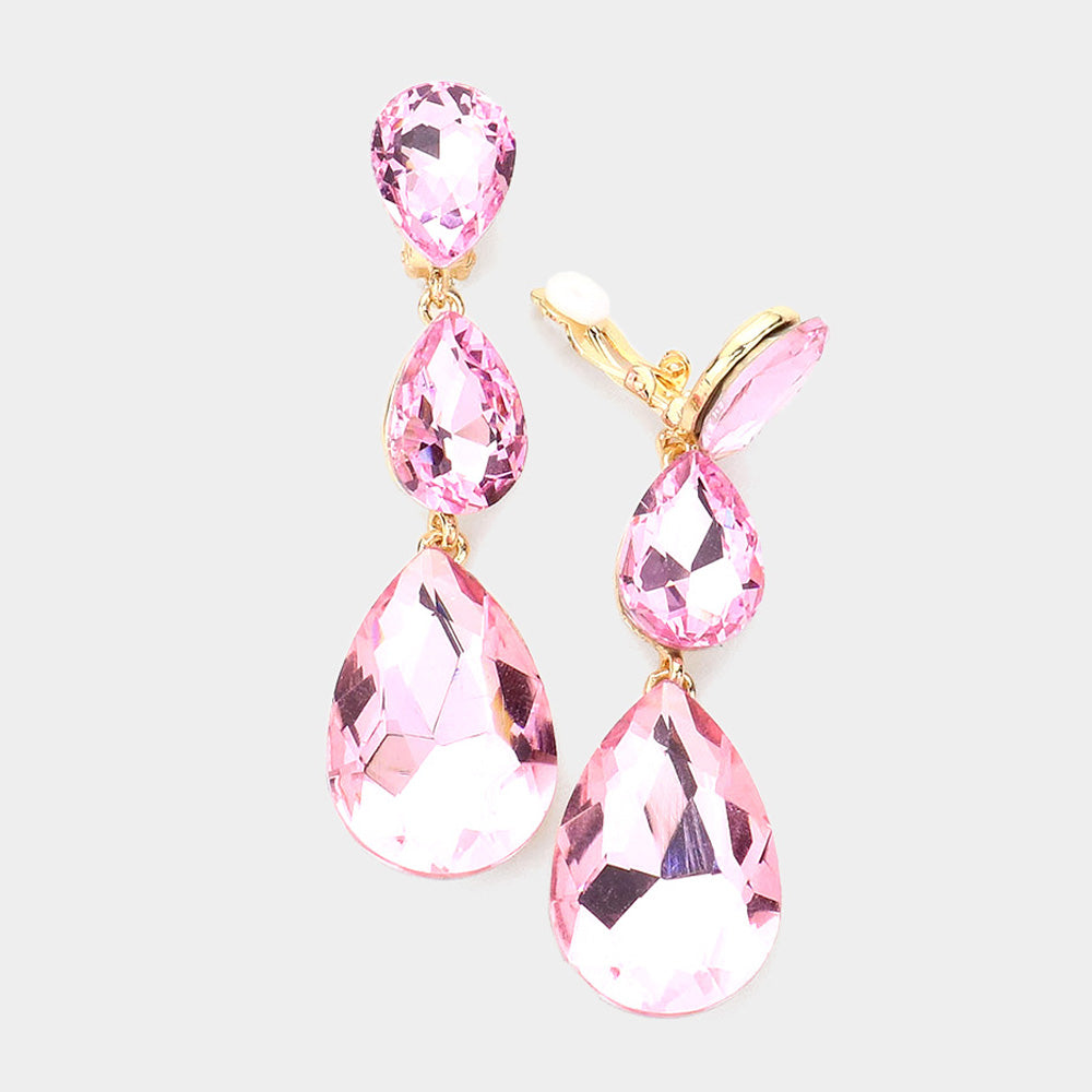 Pink Crystal Triple Teardrop Clip-on Pageant Earrings