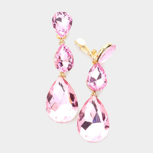 Pink Crystal Triple Teardrop Clip-on Pageant Earrings