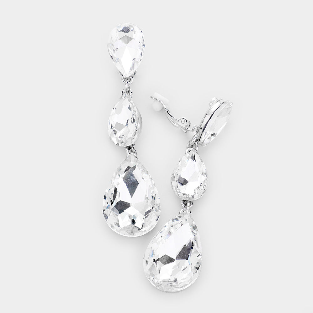 Clear Crystal Triple Teardrop Clip-on Pageant Earrings