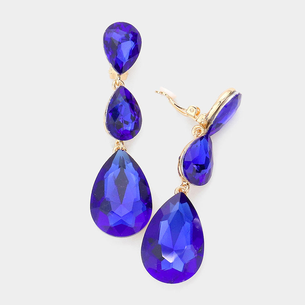 Sapphire Crystal Triple Teardrop Clip-on Pageant Earrings 