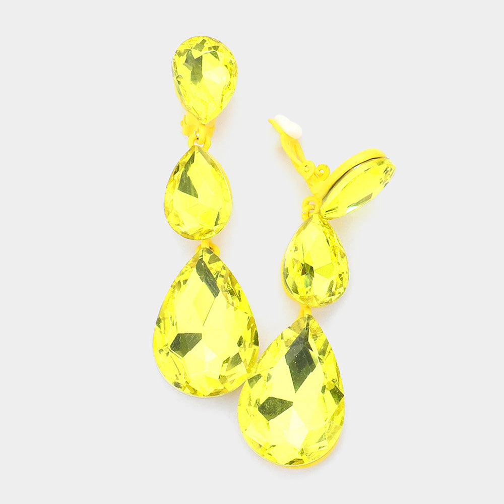 Yellow Crystal Triple Teardrop Clip-on Pageant Earrings