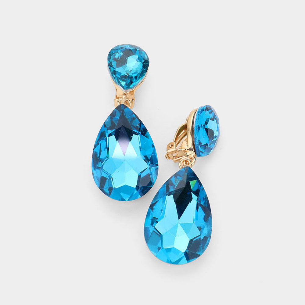 Aqua Crystal Double Teardrop Clip on Dangle Earrings   | Pageant Earrings