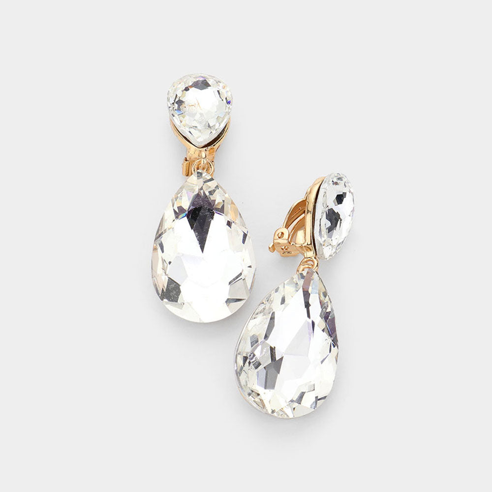 Clear Crystal Double Teardrop Clip on Dangle Earrings on Gold  | Pageant Earrings