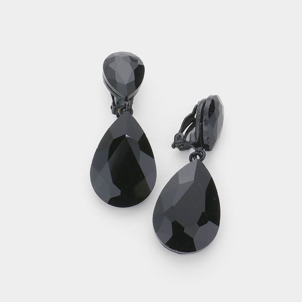 Jet Black Crystal Double Teardrop Clip on Dangle Earrings  | Pageant Earrings