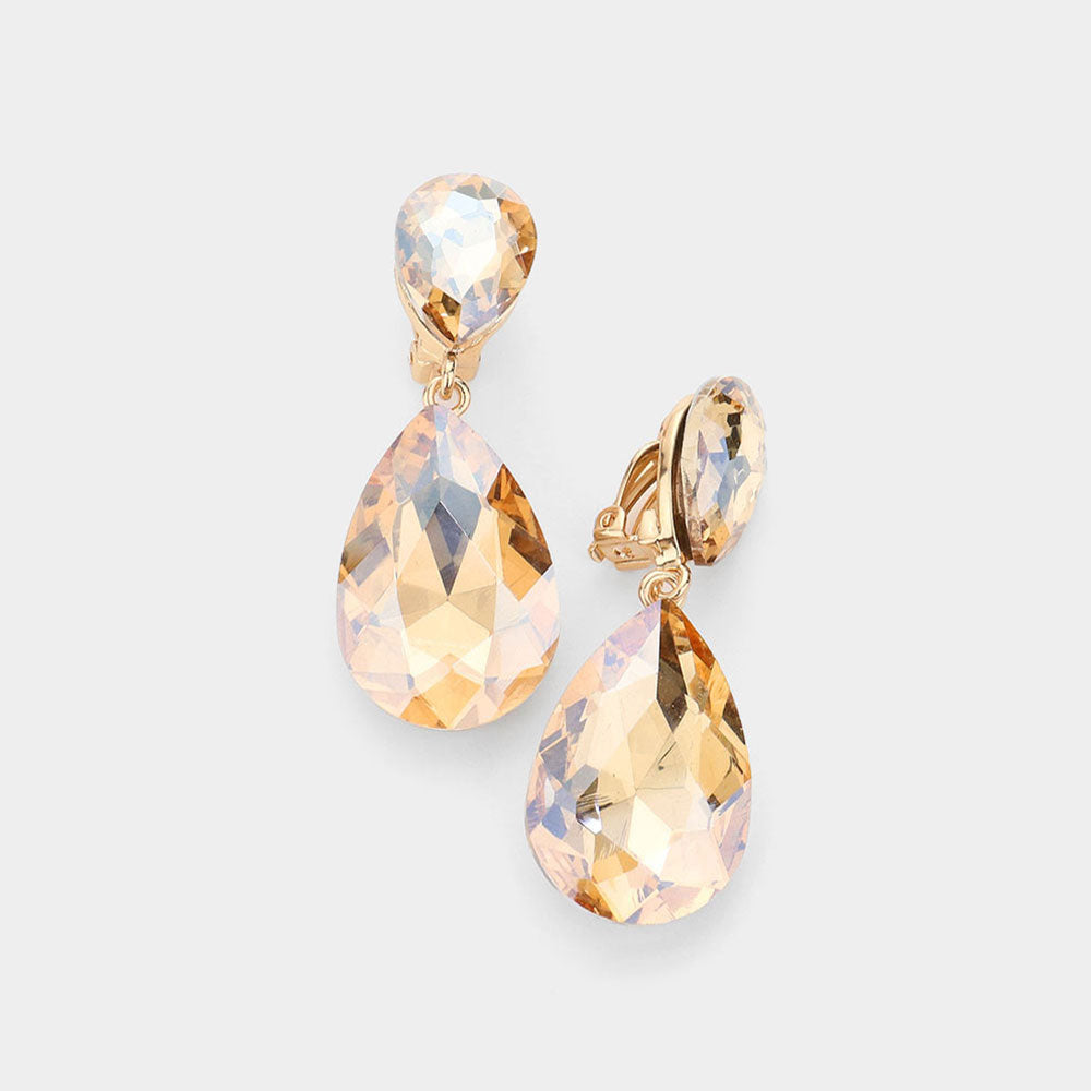 ﻿Light Topaz Crystal Double Teardrop Clip on Dangle Earrings  | Pageant Earrings