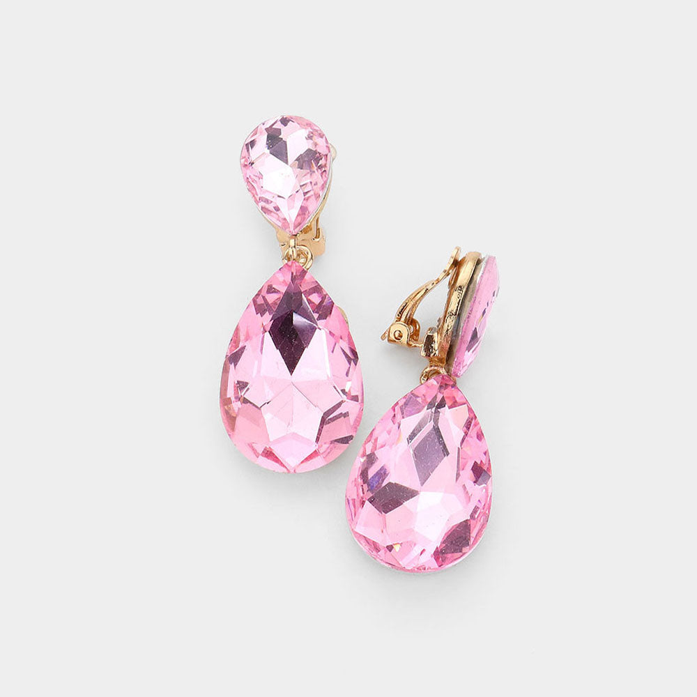 Pink Crystal Double Teardrop Clip on Dangle Earrings  | Pageant Earrings
