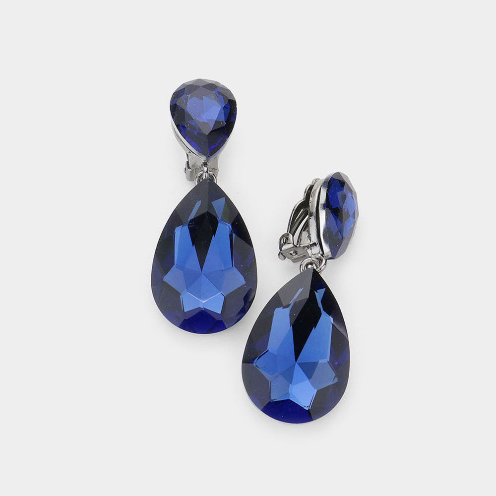 Navy Crystal Double Teardrop Clip on Dangle Earrings  | Pageant Earrings