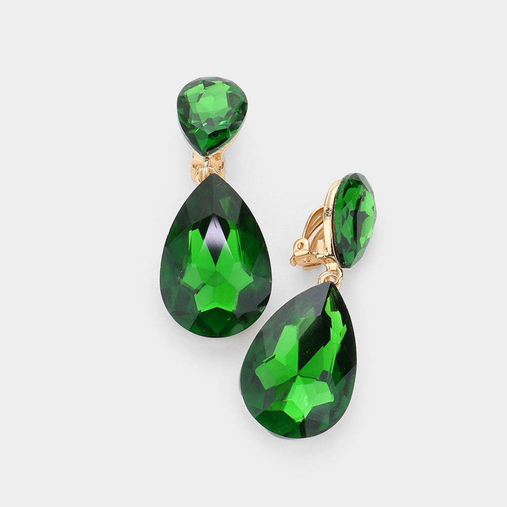 Kelly Green Crystal Double Teardrop Clip on Dangle Earrings  | Pageant Earrings