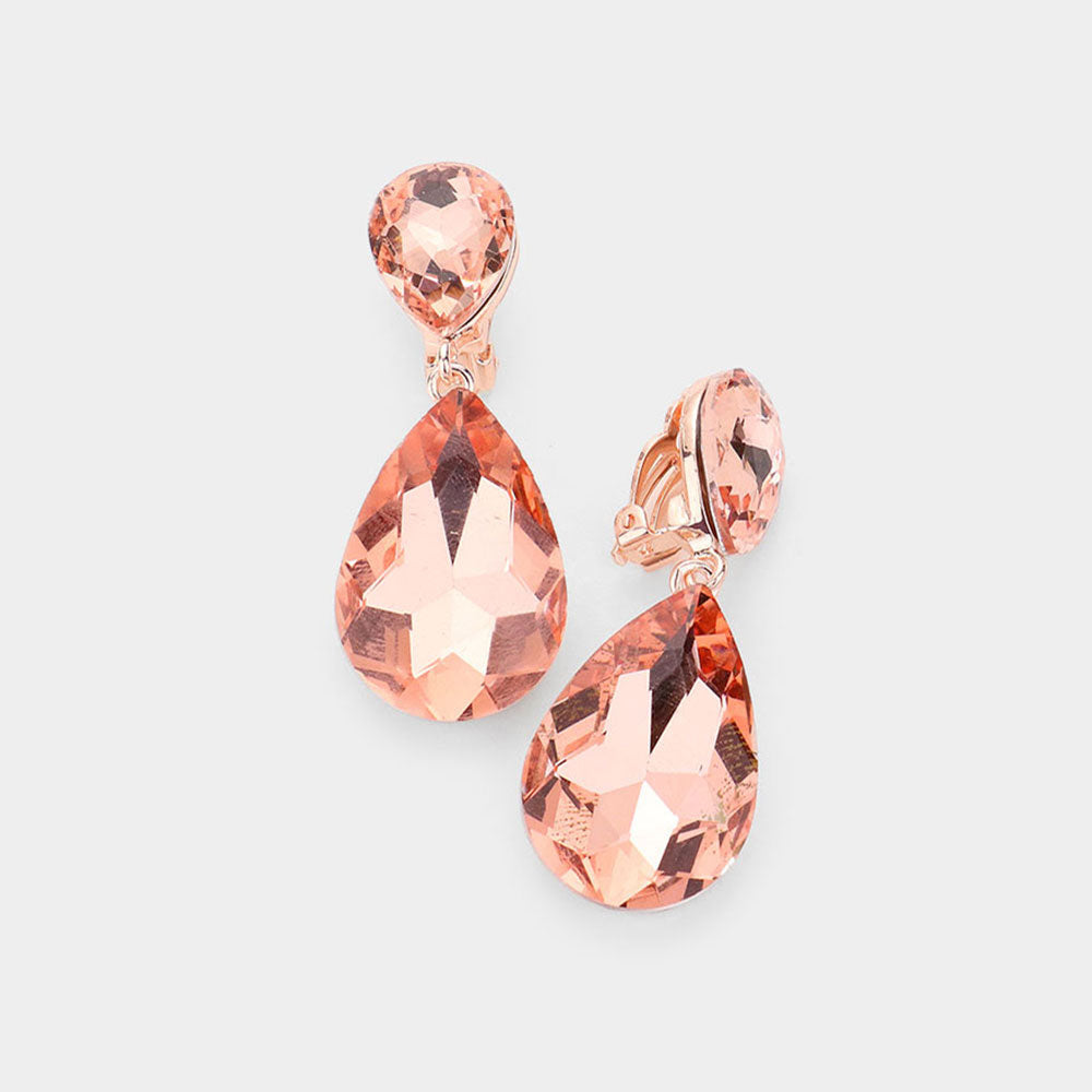 Peach Crystal Double Teardrop Clip on Dangle Earrings  | Pageant Earrings