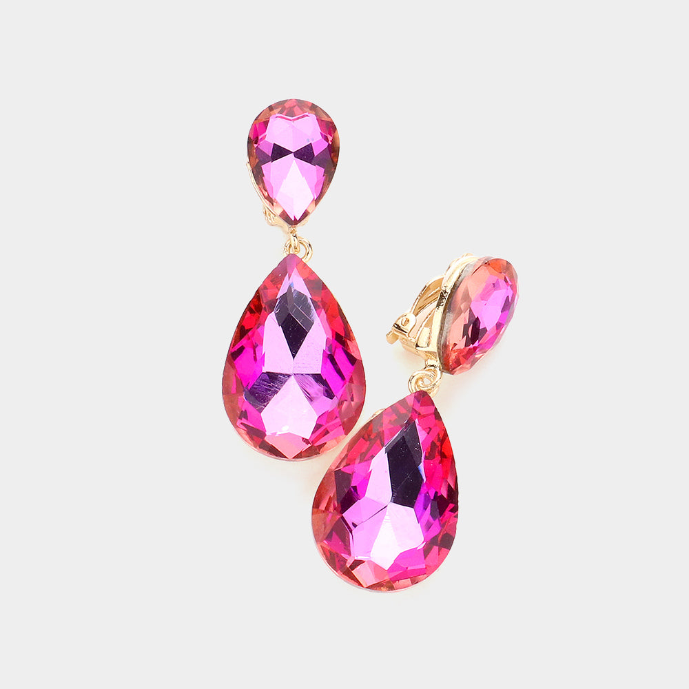 Pink Crystal Double Teardrop Clip on Dangle Earrings  | Pageant Earrings