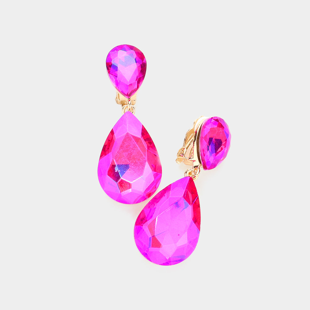 Fuchsia Crystal Double Teardrop Clip on Dangle Earrings  | Pageant Earrings | 583425