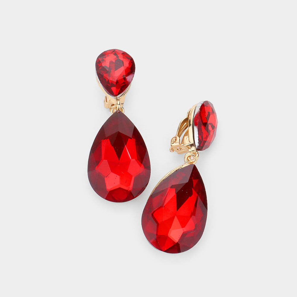 Red Crystal Double Teardrop Clip on Dangle Earrings  | Pageant Earrings