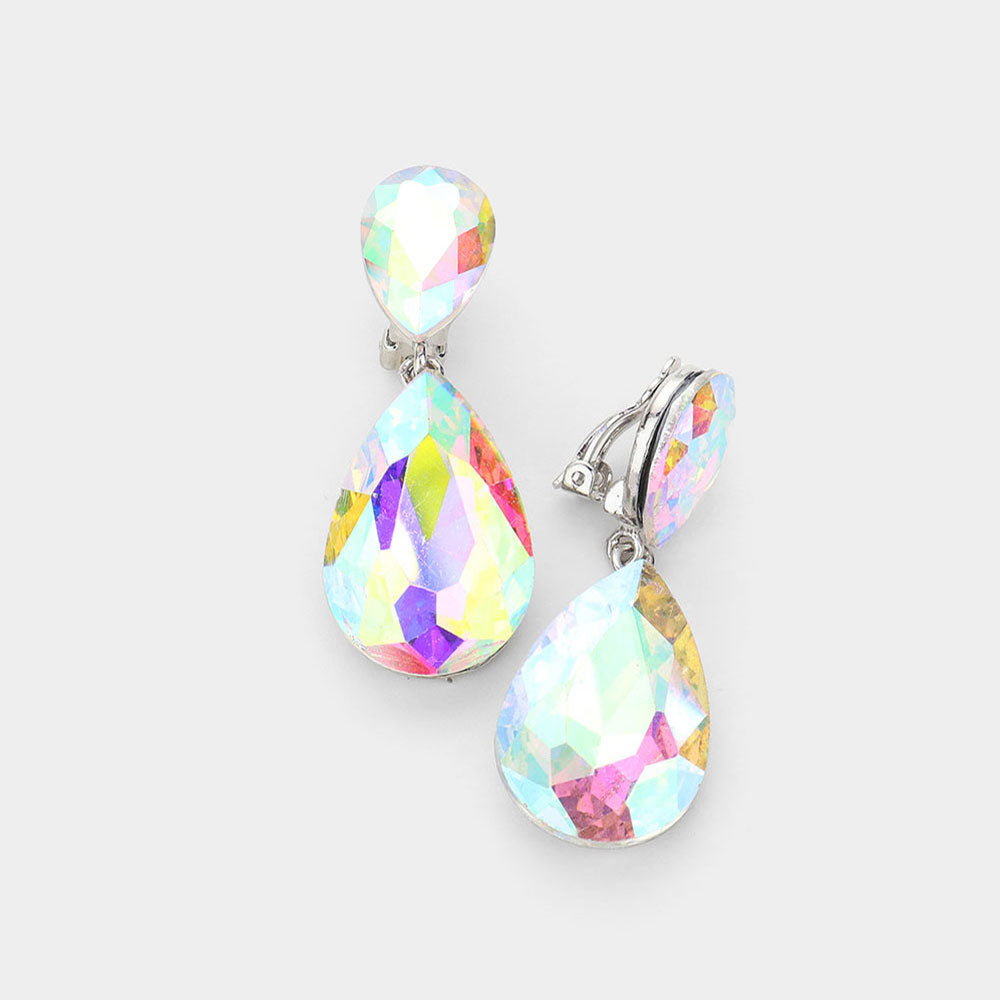AB Crystal Double Teardrop Clip on Dangle Earrings   | Pageant Earrings