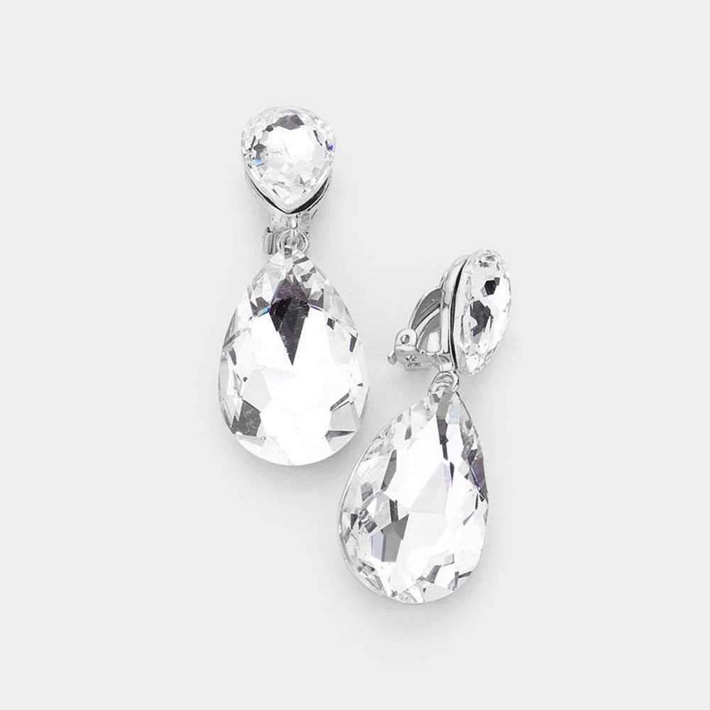 Clear Crystal Double Teardrop Clip on Dangle Earrings   | Pageant Earrings
