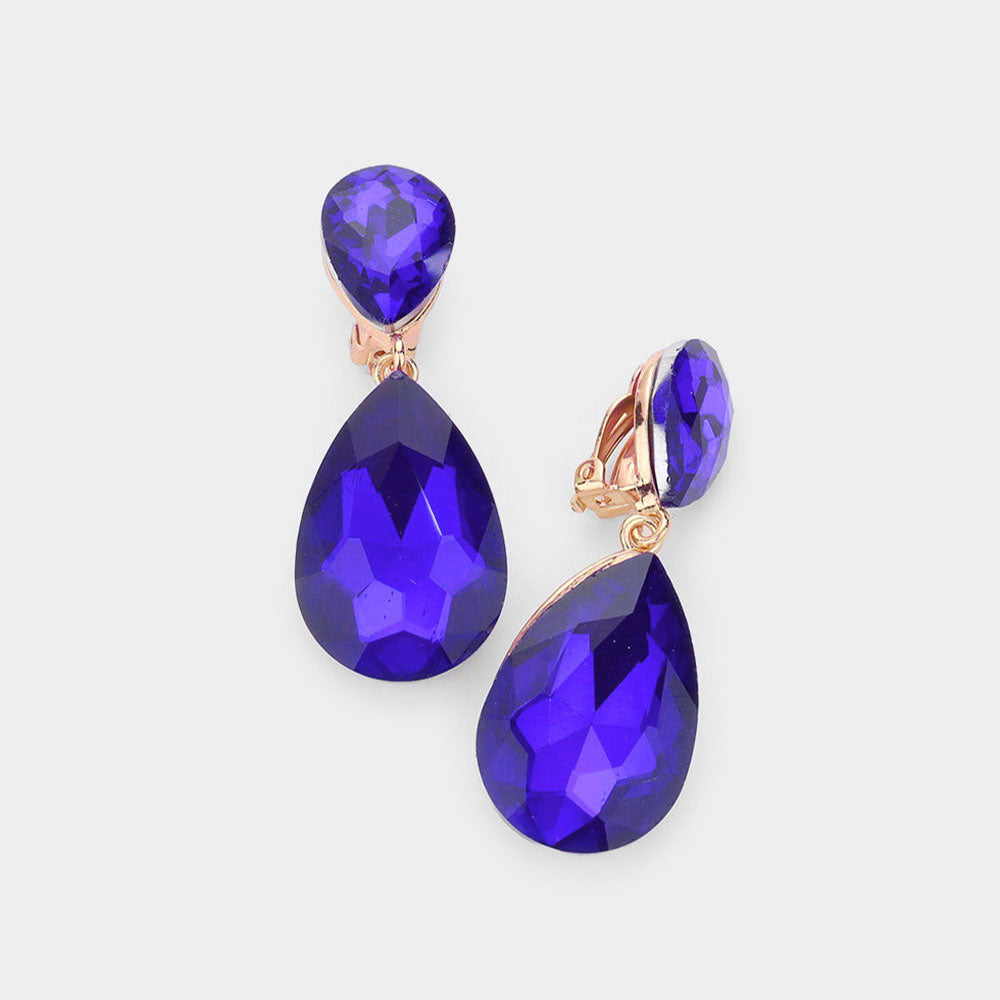 Sapphire Crystal Double Teardrop Clip on Dangle Earrings  | Pageant Earrings