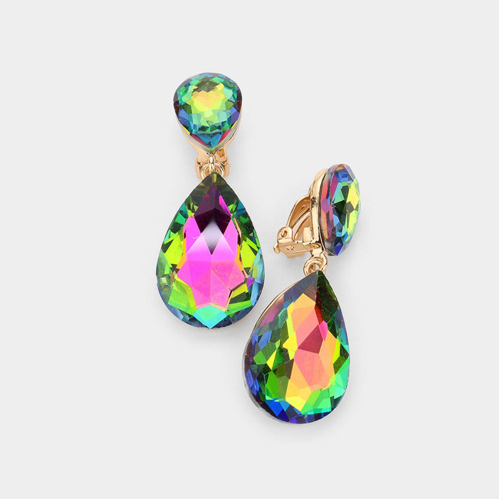 Multi-Color Crystal Double Teardrop Clip on Dangle Earrings  | Pageant Earrings