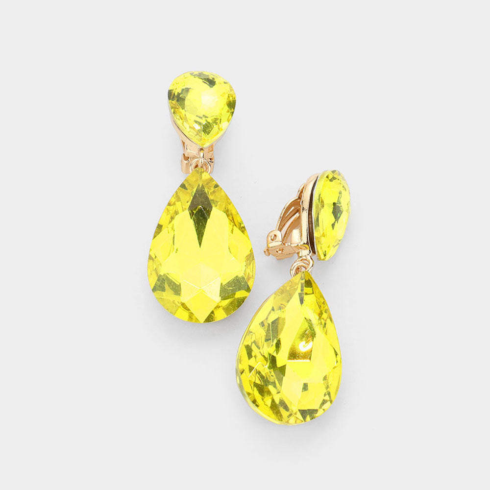 Yellow Crystal Double Teardrop Clip on Dangle Earrings  | Pageant Earrings