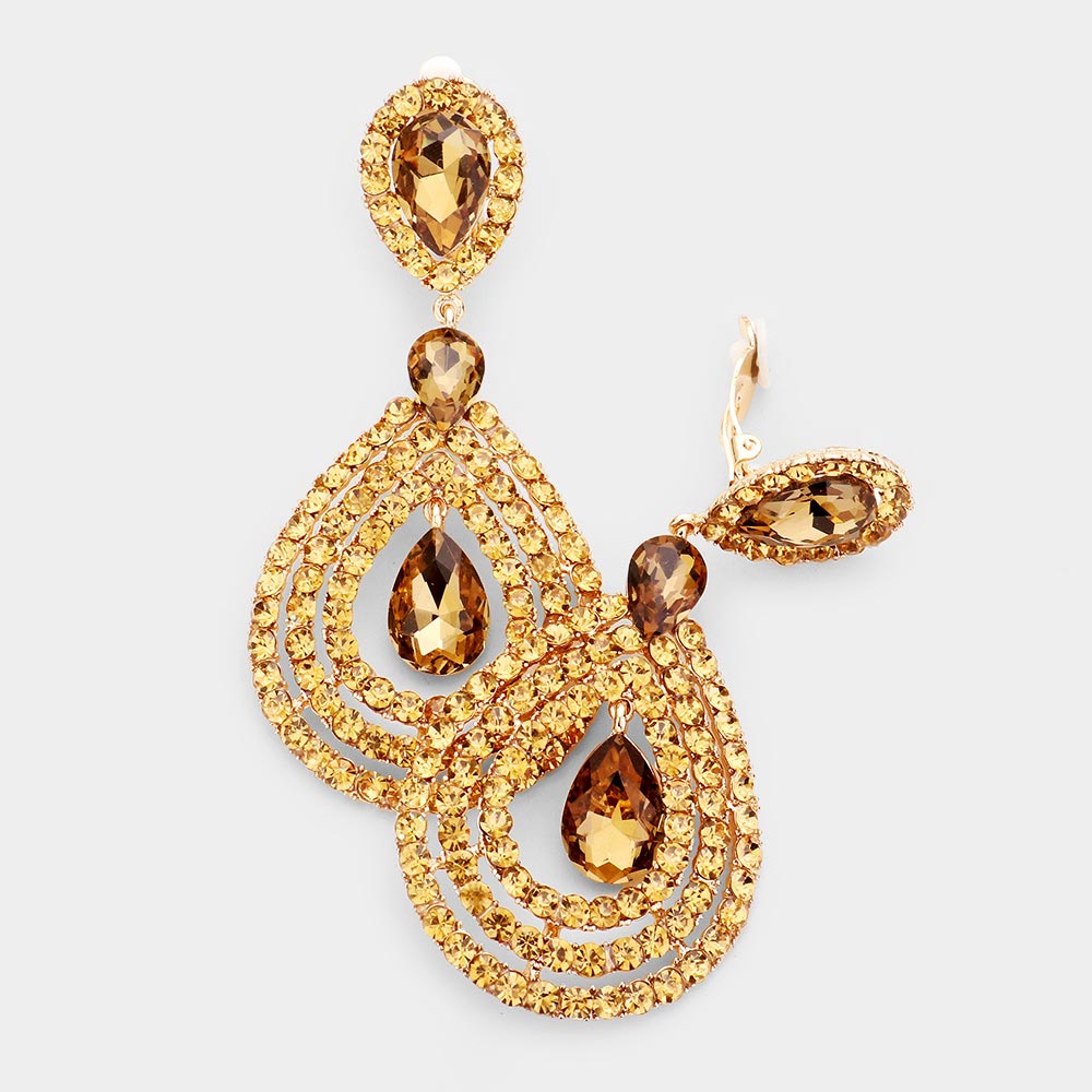 Large Rhinestone Trimmed Brown Crystal Teardrop Clip On Earrings
