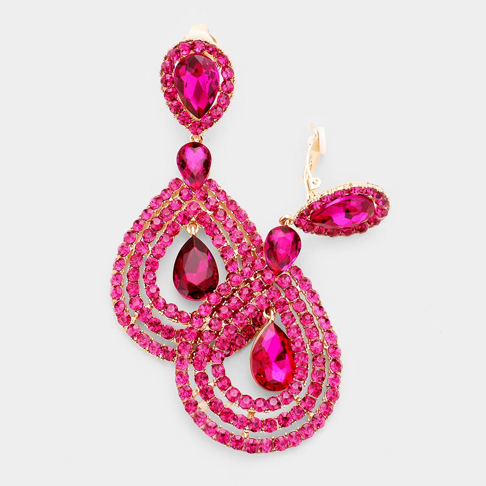 Large Rhinestone Trimmed Fuchsia Crystal Teardrop Clip On Earrings