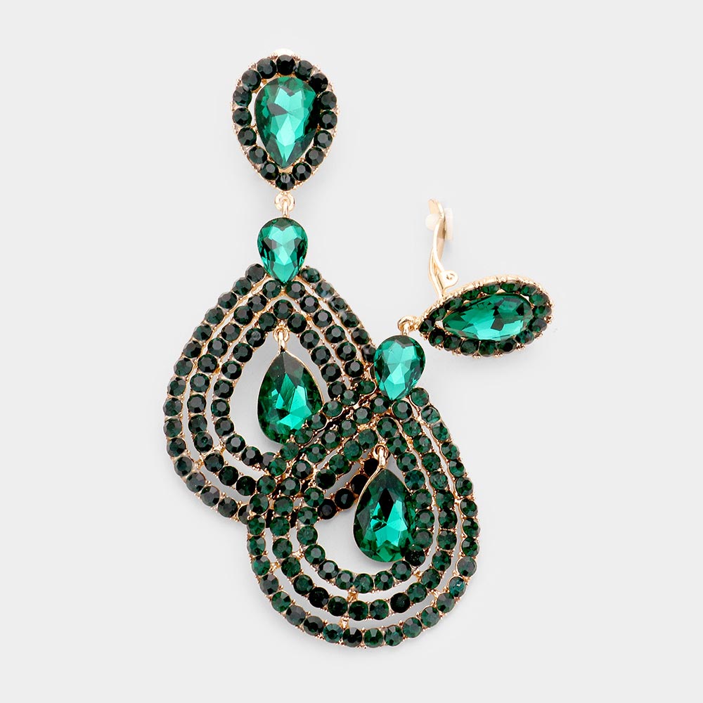 Large Rhinestone Trimmed Emerald Crystal Teardrop Clip On Earrings
