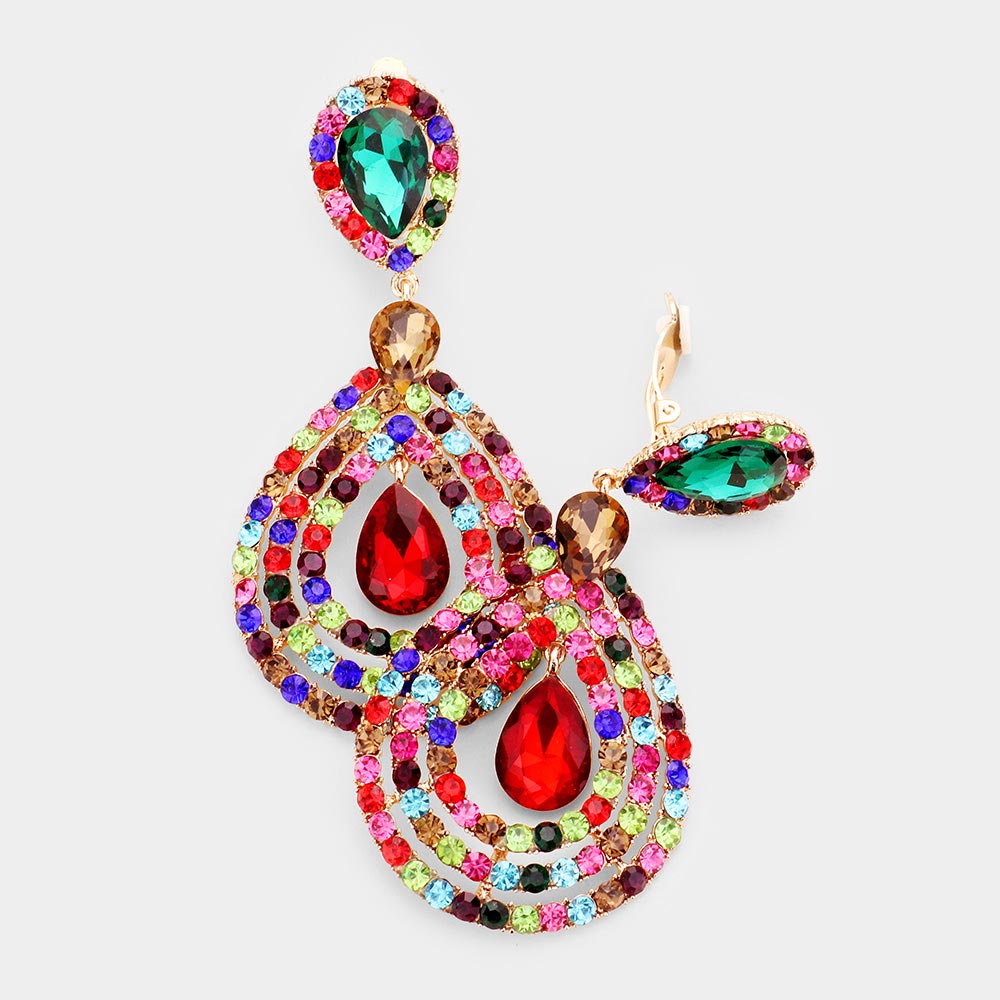 Large Rhinestone Trimmed Multi-color Crystal Teardrop Clip On Earrings
