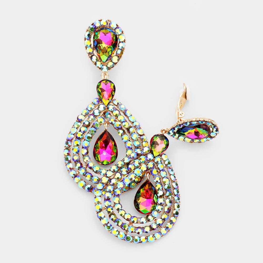 Large Rhinestone Trimmed Multi-color Crystal Teardrop Clip On Earrings