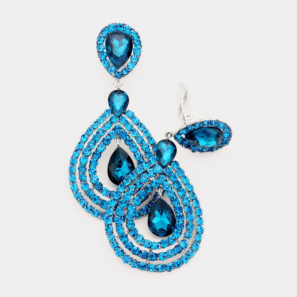Large Rhinestone Trimmed Blue Crystal Teardrop Clip On Earrings