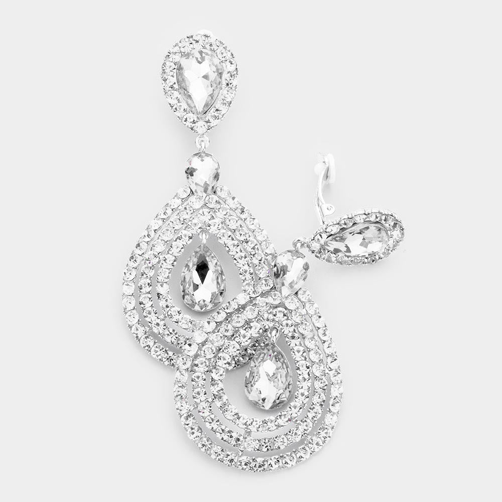 Large Rhinestone Trimmed Clear Crystal Teardrop Clip On Earrings