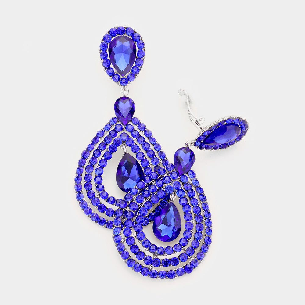 Large Rhinestone Trimmed Blue Crystal Teardrop Clip On Earrings
