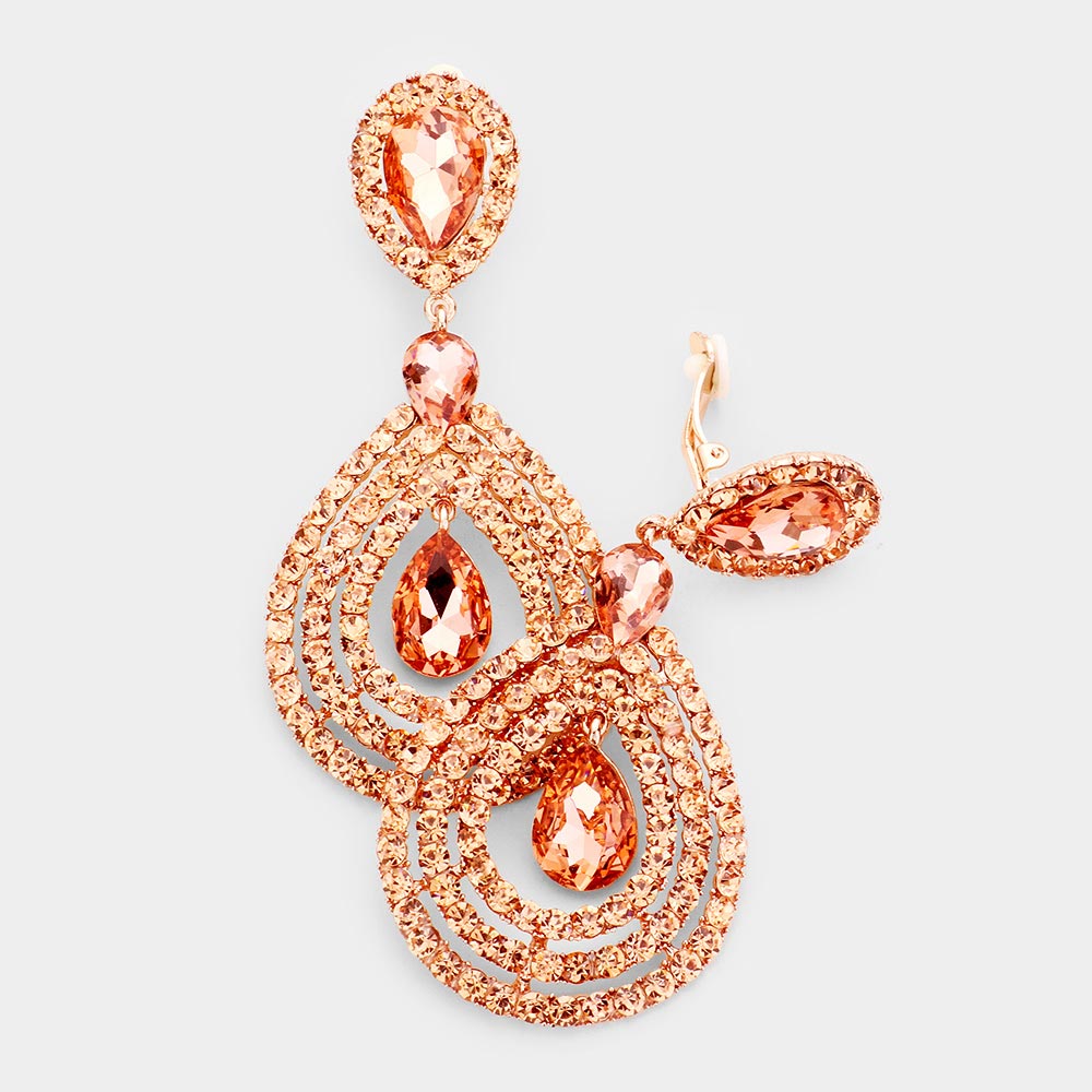 Large Rhinestone Trimmed Peach Crystal Teardrop Clip On Earrings