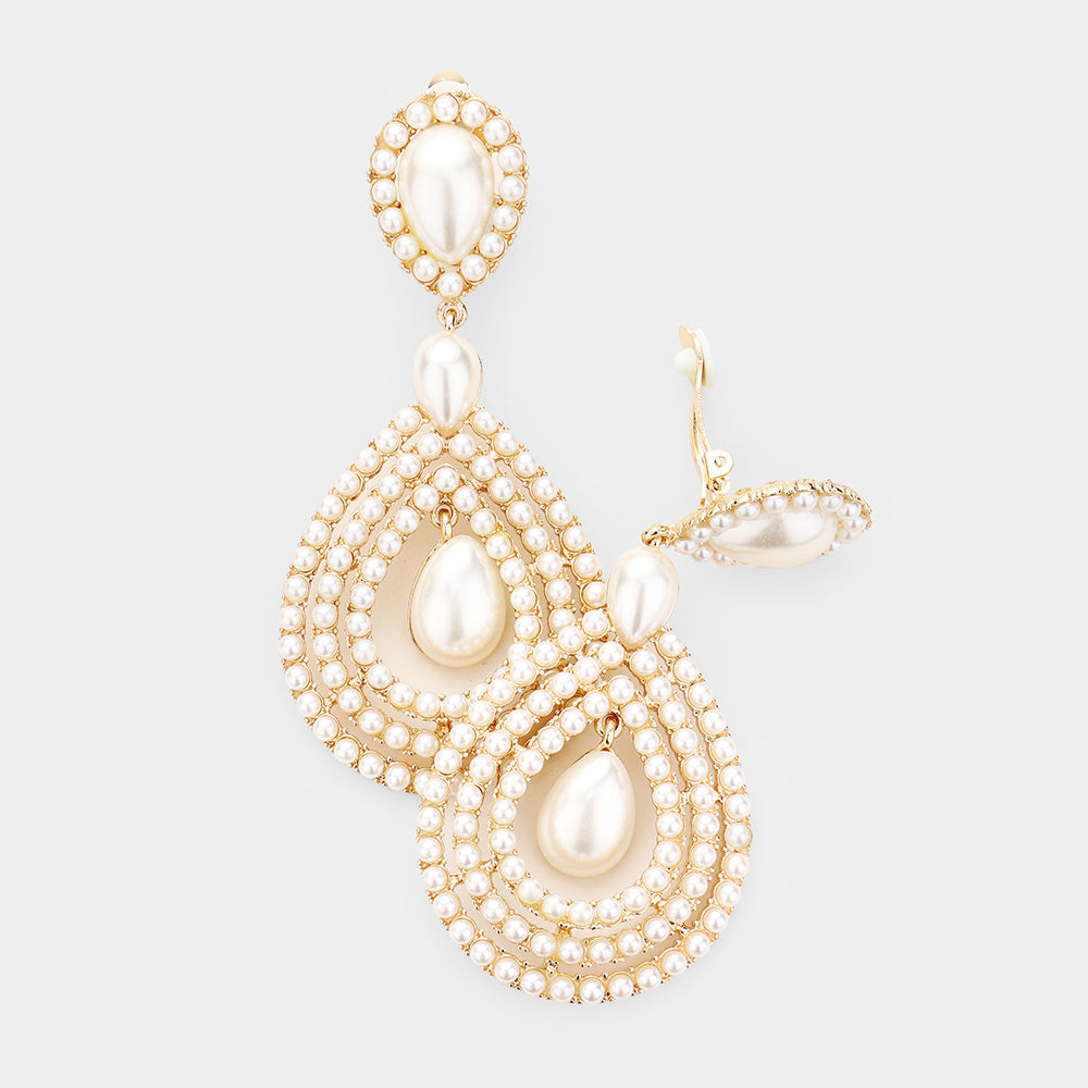 Large Pearl Trimmed Pearl Teardrop Clip On Earrings