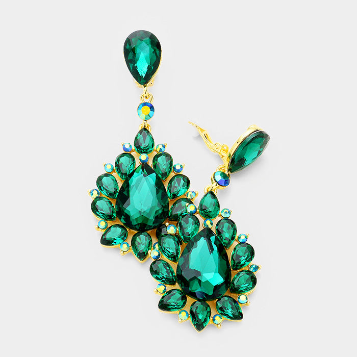 Emerald Teardrop Cluster Dangle Clip On Earrings 
