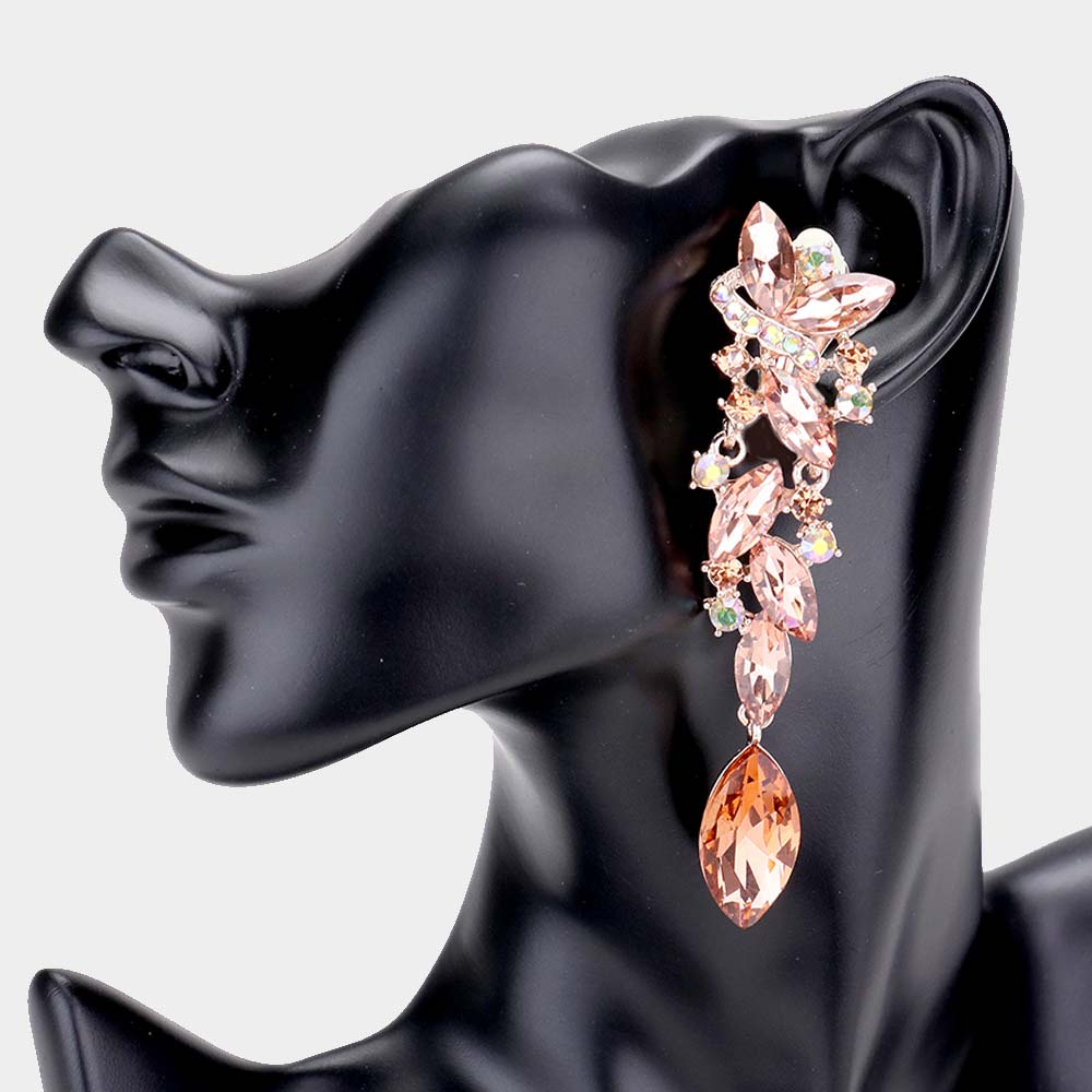 Peach Marquise Crystal Drop Pageant Clip On Earrings on Rose Gold