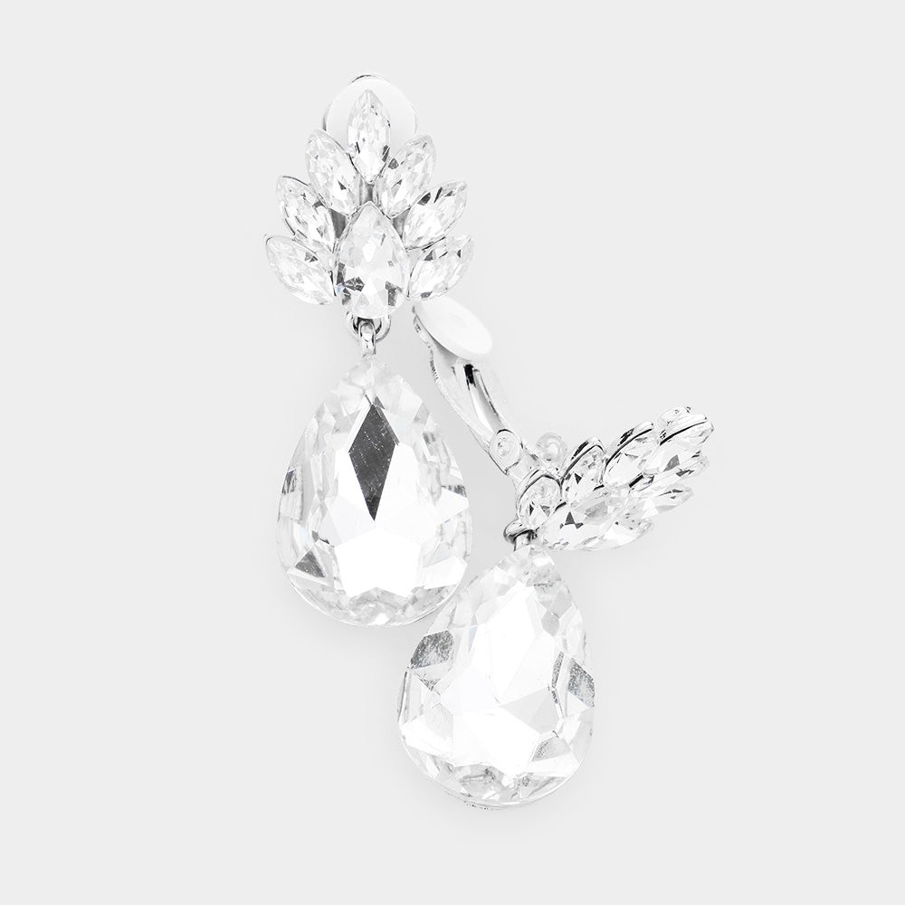 Little Girls Clear Teardrop Clip On Drop Earrings on Silver