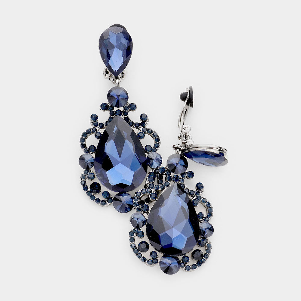 Elegant Navy Crystal Teardrop Dangle Clip On Earrings