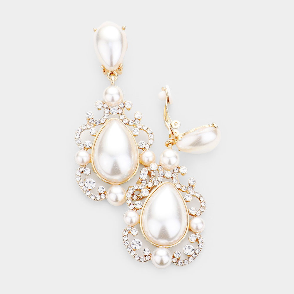 Elegant Pearl Crystal Teardrop Dangle Clip On Earrings 