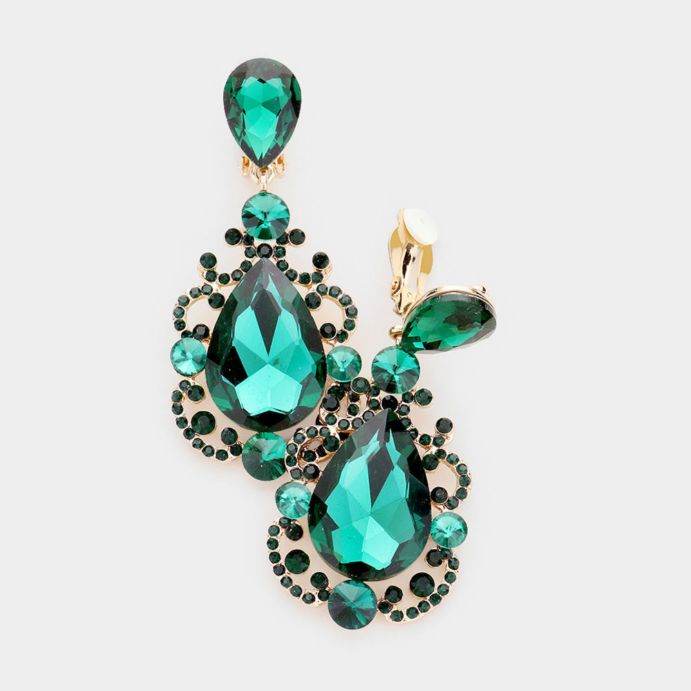 Elegant Green Crystal Teardrop Dangle Clip On Earrings