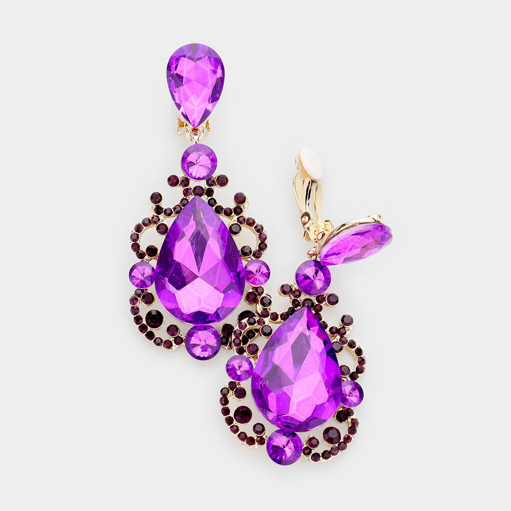 Elegant Purple Crystal Teardrop Dangle Clip On Earrings 