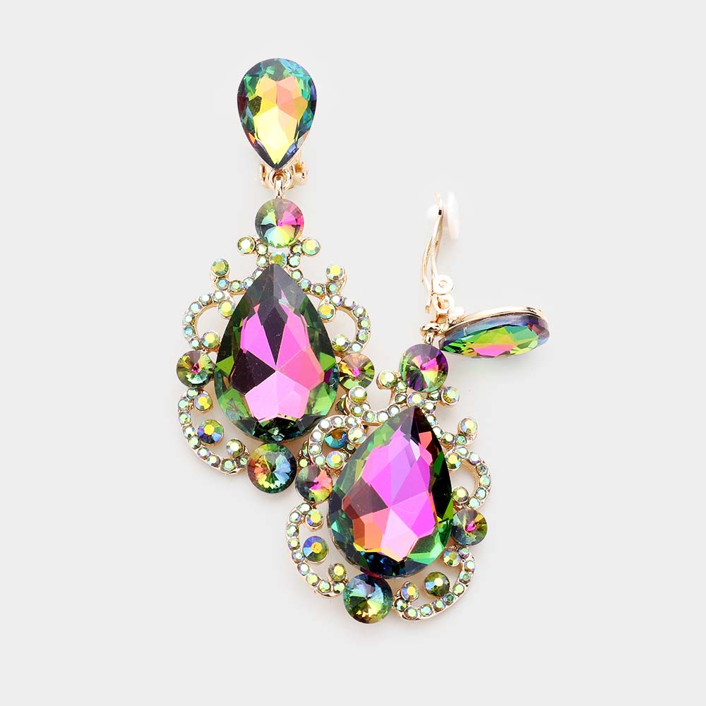 Elegant Multi-Color Crystal Teardrop Dangle Clip On Earrings 