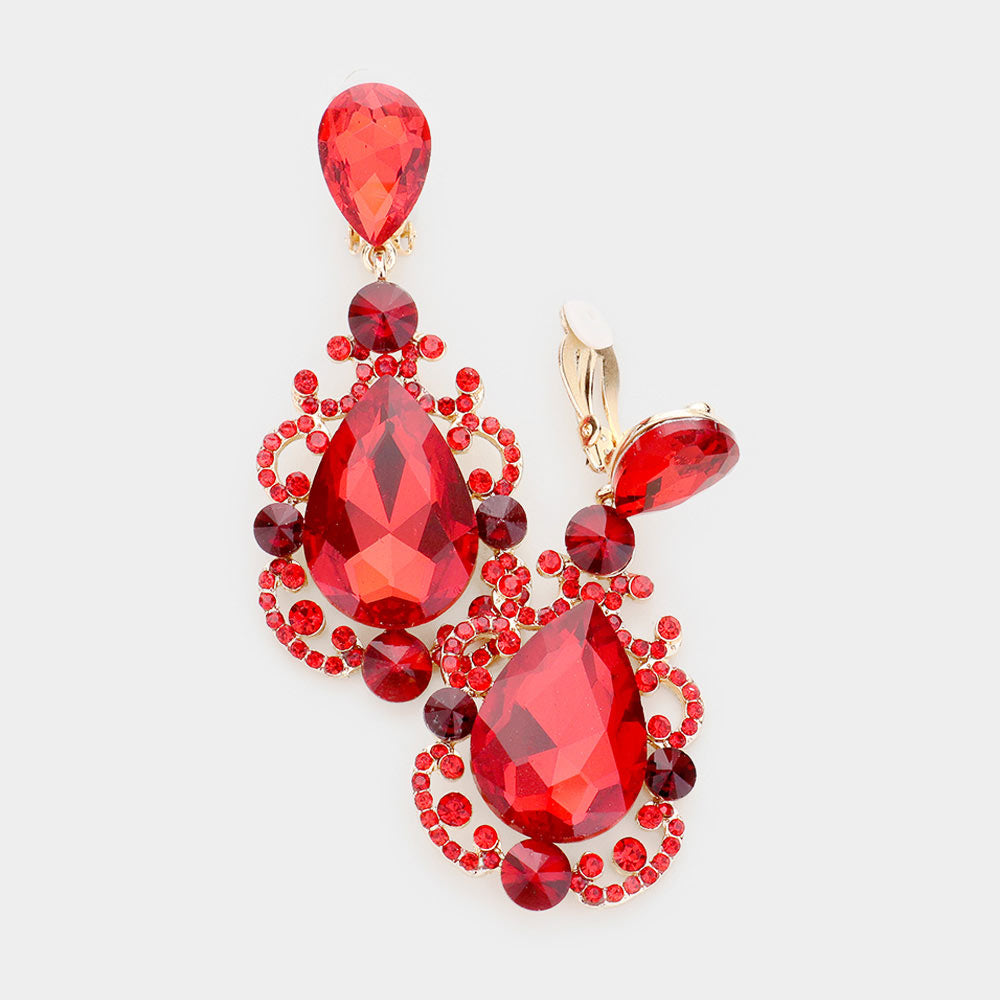 Elegant Red Crystal Teardrop Dangle Clip On Earrings 